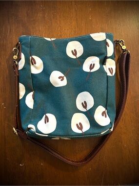 Maika Teal Floral Canvas Crossbody with Brown Strap